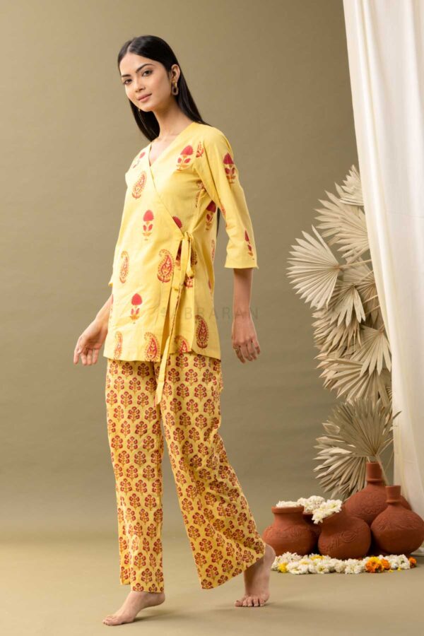 PHAGUN YELLOW BLOCK PRINTED COTTON CAMBRIC ANGRAKHA KURTA WITH PANT SET OF 2