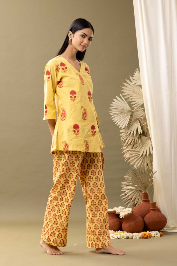 PHAGUN YELLOW BLOCK PRINTED COTTON CAMBRIC ANGRAKHA KURTA WITH PANT SET OF 2