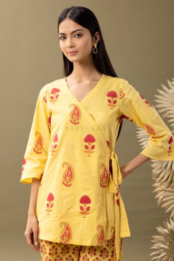 PHAGUN YELLOW BLOCK PRINTED COTTON CAMBRIC ANGRAKHA KURTA WITH PANT SET OF 2