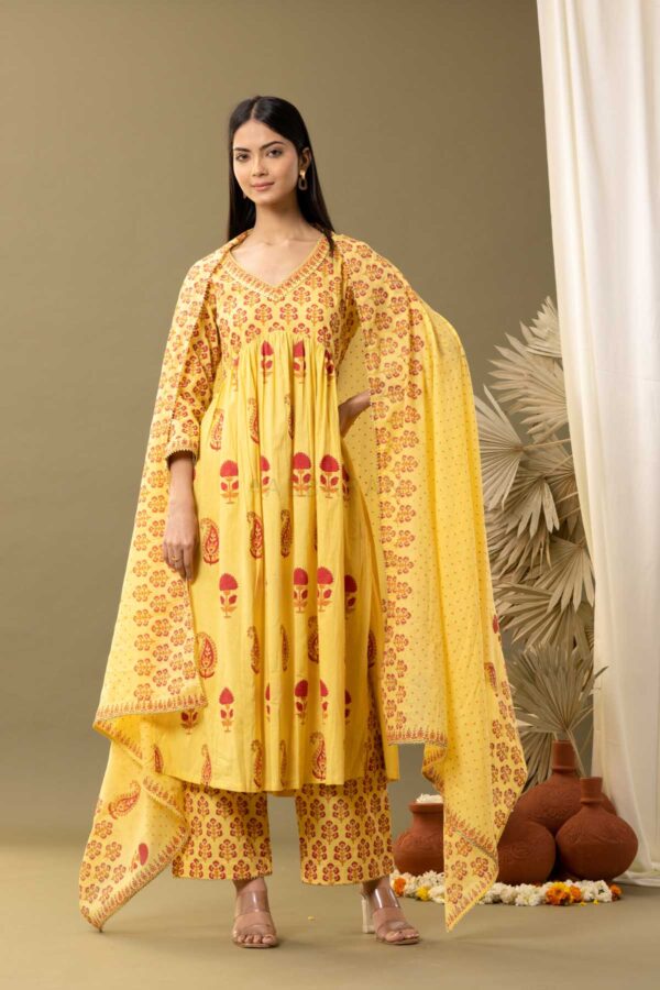 PHAGUN YELLOW BLOCK PRINTED COTTON CAMBRIC GATHER KURTA SET OF 3