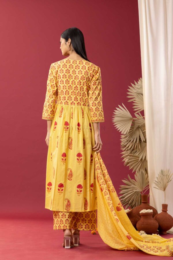 PHAGUN YELLOW BLOCK PRINTED COTTON CAMBRIC GATHER KURTA SET OF 3