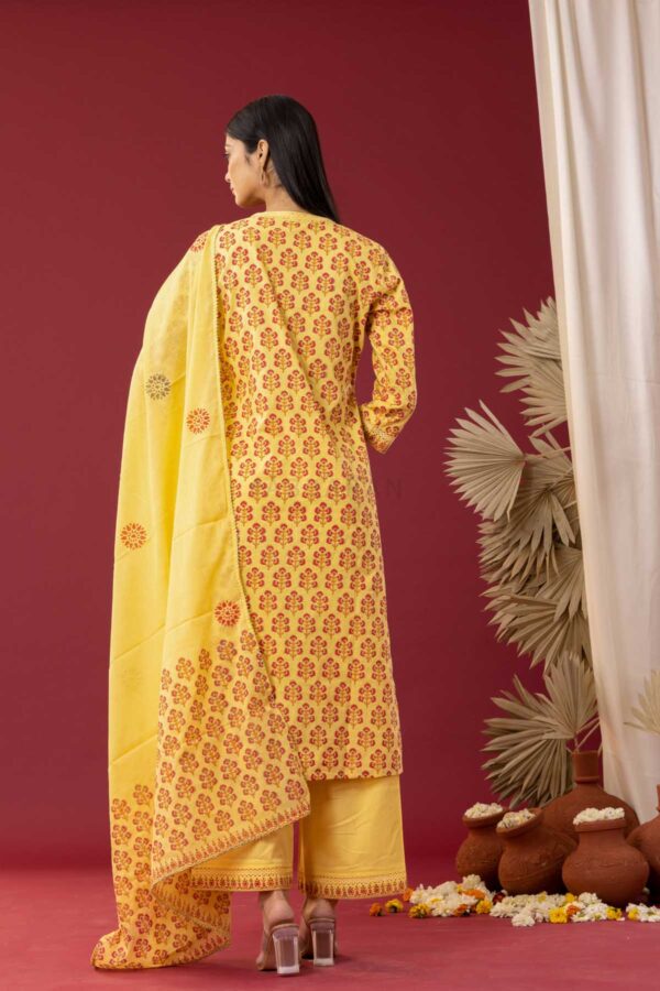 PHAGUN YELLOW BLOCK PRINTED COTTON CAMBRIC STRAIGHT KURTA WITH PLAZZO SET OF 3