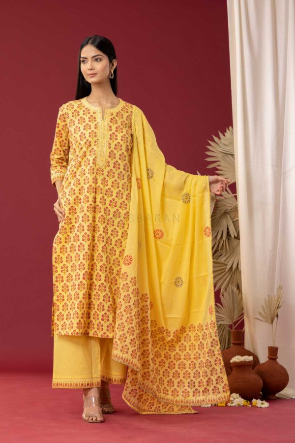 PHAGUN YELLOW BLOCK PRINTED COTTON CAMBRIC STRAIGHT KURTA WITH PLAZZO SET OF 3