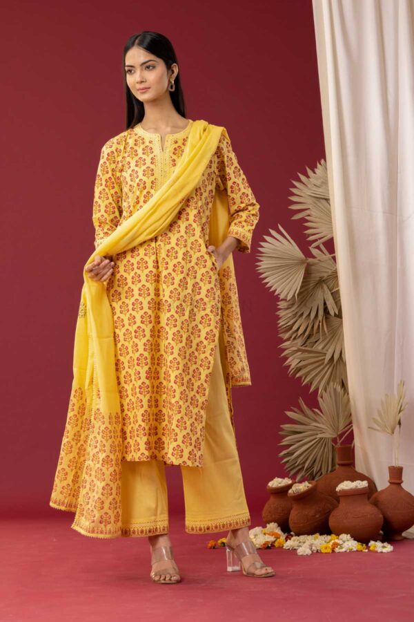 PHAGUN YELLOW BLOCK PRINTED COTTON CAMBRIC STRAIGHT KURTA WITH PLAZZO SET OF 3