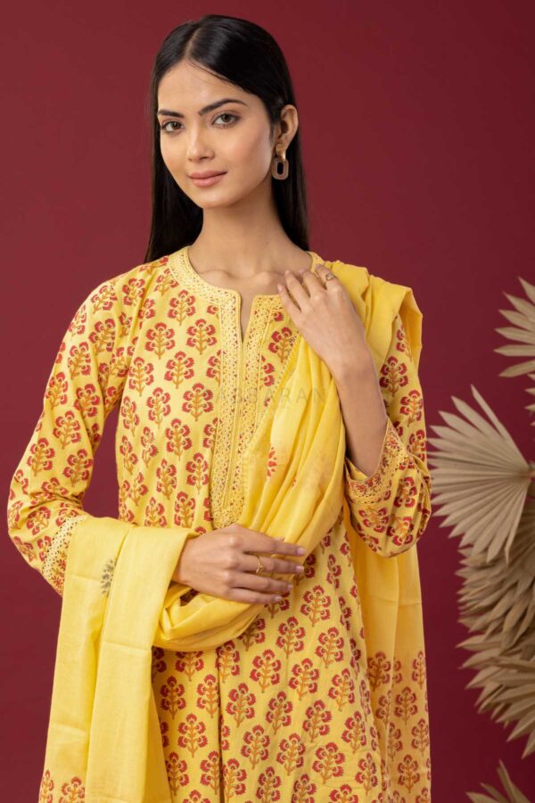 PHAGUN YELLOW BLOCK PRINTED COTTON CAMBRIC STRAIGHT KURTA WITH PLAZZO SET OF 3