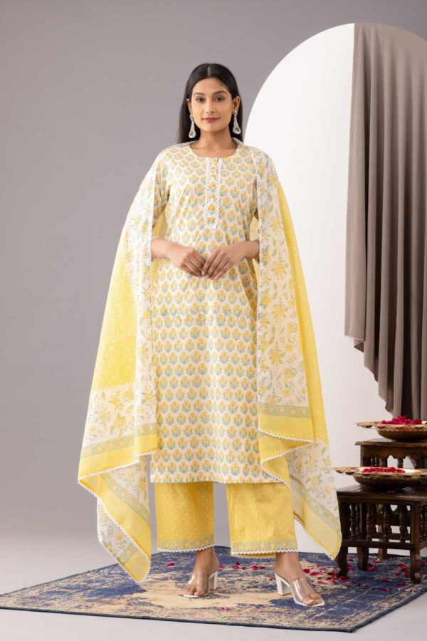 PHAGUN YELLOW BLOCK PRINTED COTTON CAMBRIC STRAIGHT KURTA WITH YELLOW PLAZZO SET OF 3