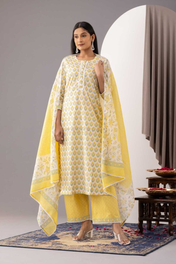 PHAGUN YELLOW BLOCK PRINTED COTTON CAMBRIC STRAIGHT KURTA WITH YELLOW PLAZZO SET OF 3