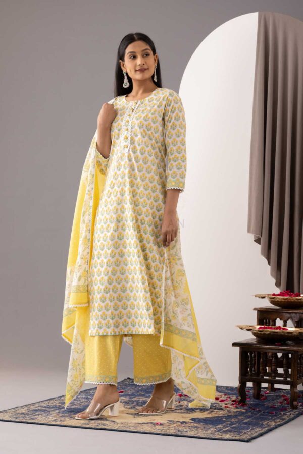 PHAGUN YELLOW BLOCK PRINTED COTTON CAMBRIC STRAIGHT KURTA WITH YELLOW PLAZZO SET OF 3