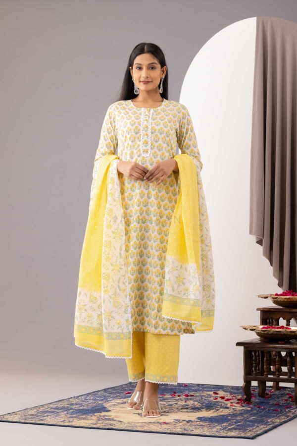 PHAGUN YELLOW BLOCK PRINTED COTTON CAMBRIC STRAIGHT KURTA WITH YELLOW PLAZZO SET OF 3