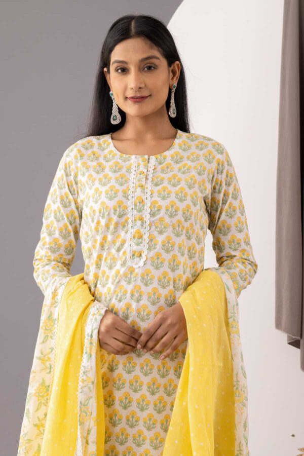 PHAGUN YELLOW BLOCK PRINTED COTTON CAMBRIC STRAIGHT KURTA WITH YELLOW PLAZZO SET OF 3