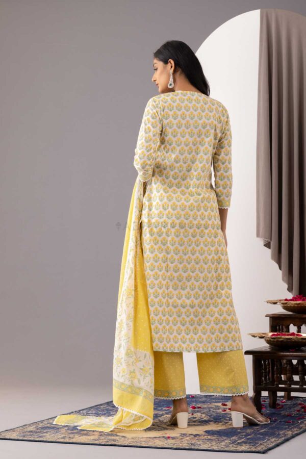 PHAGUN YELLOW BLOCK PRINTED COTTON CAMBRIC STRAIGHT KURTA WITH YELLOW PLAZZO SET OF 3