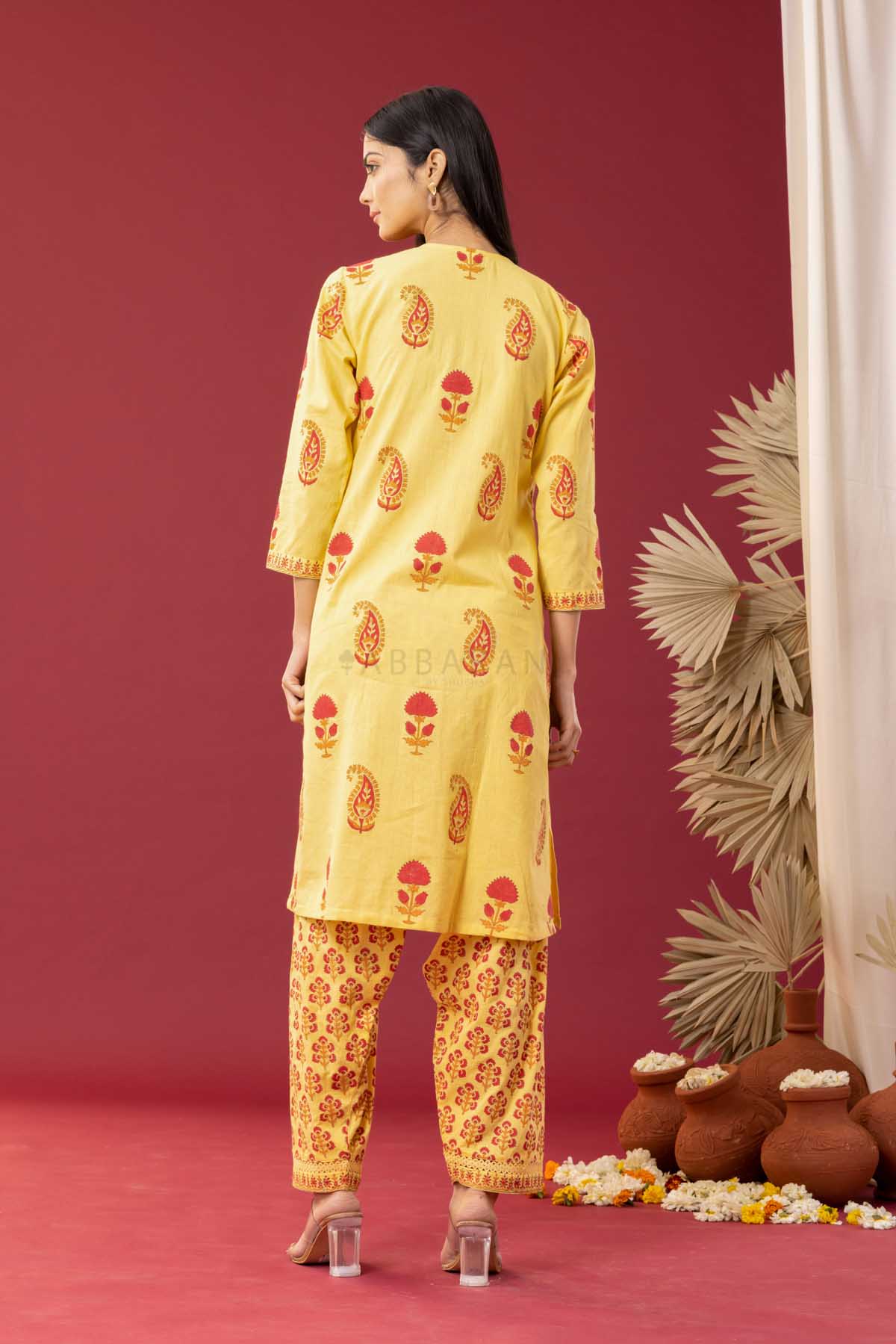 PHAGUN YELLOW BLOCK PRINTED PINTUCK COTTON CAMBRIC KURTA WITH SALWAR SET OF 3