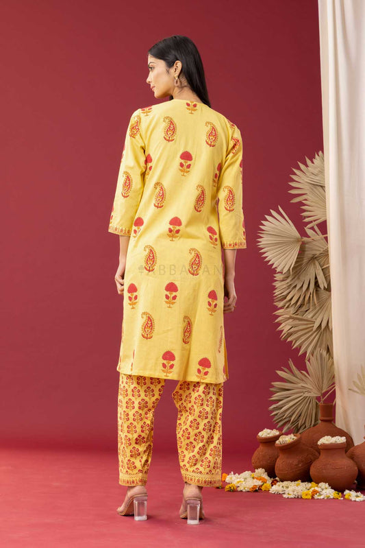 PHAGUN YELLOW BLOCK PRINTED PINTUCK COTTON CAMBRIC KURTA WITH SALWAR SET OF 3