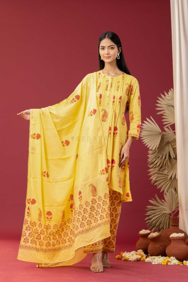 PHAGUN YELLOW BLOCK PRINTED PINTUCK COTTON CAMBRIC KURTA WITH SALWAR SET OF 3