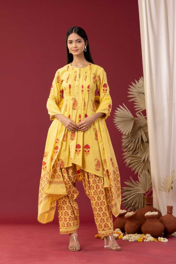 PHAGUN YELLOW BLOCK PRINTED PINTUCK COTTON CAMBRIC KURTA WITH SALWAR SET OF 3