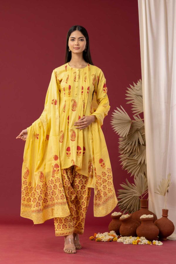 PHAGUN YELLOW BLOCK PRINTED PINTUCK COTTON CAMBRIC KURTA WITH SALWAR SET OF 3