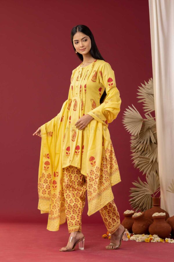 PHAGUN YELLOW BLOCK PRINTED PINTUCK COTTON CAMBRIC KURTA WITH SALWAR SET OF 3