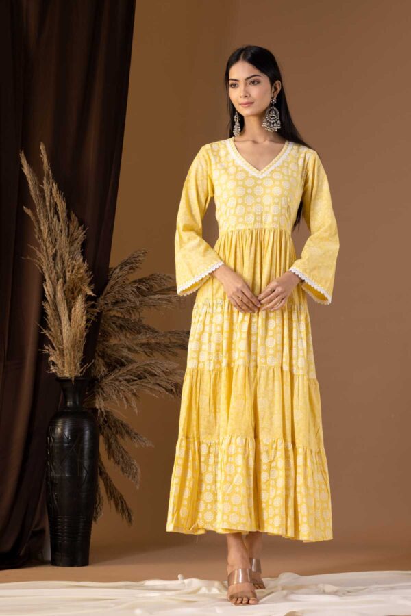 PHAGUN YELLOW KHADI PRINTED COTTON CAMBRIC DRESS