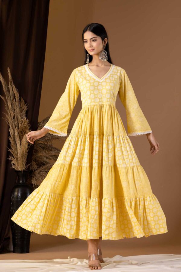 PHAGUN YELLOW KHADI PRINTED COTTON CAMBRIC DRESS