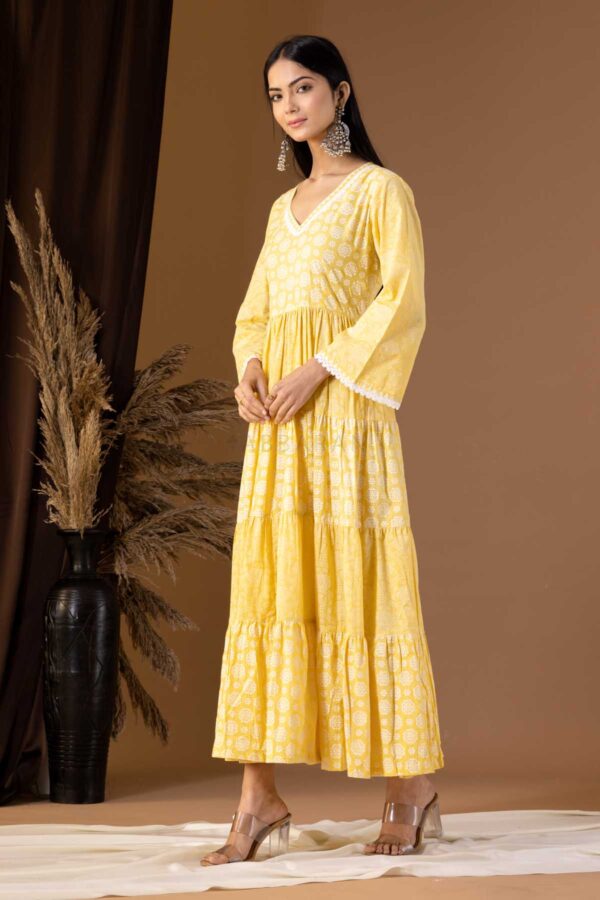 PHAGUN YELLOW KHADI PRINTED COTTON CAMBRIC DRESS