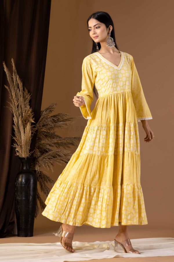 PHAGUN YELLOW KHADI PRINTED COTTON CAMBRIC DRESS