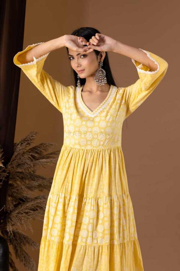 PHAGUN YELLOW KHADI PRINTED COTTON CAMBRIC DRESS