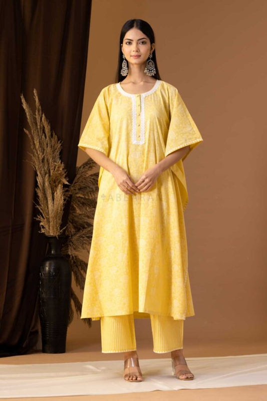 PHAGUN YELLOW KHADI PRINTED COTTON CAMBRIC KAFTAN WITH PLAZZO SET OF 2