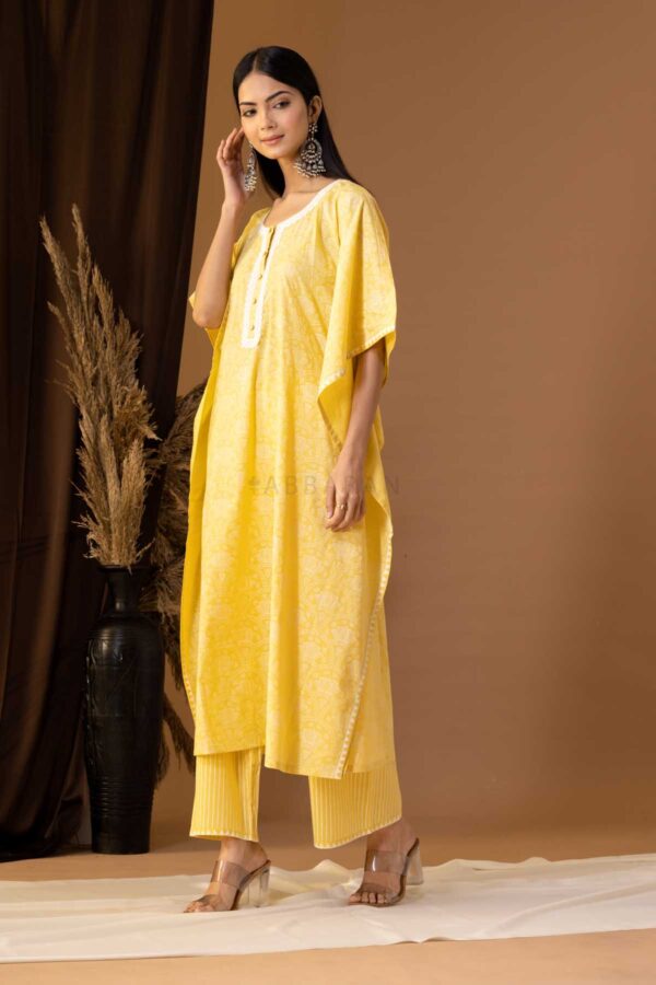 PHAGUN YELLOW KHADI PRINTED COTTON CAMBRIC KAFTAN WITH PLAZZO SET OF 2