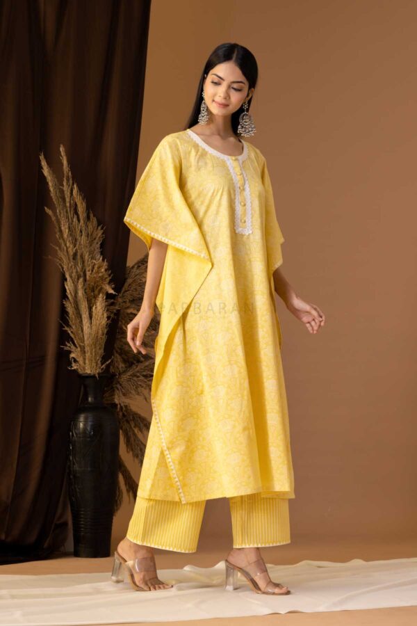 PHAGUN YELLOW KHADI PRINTED COTTON CAMBRIC KAFTAN WITH PLAZZO SET OF 2