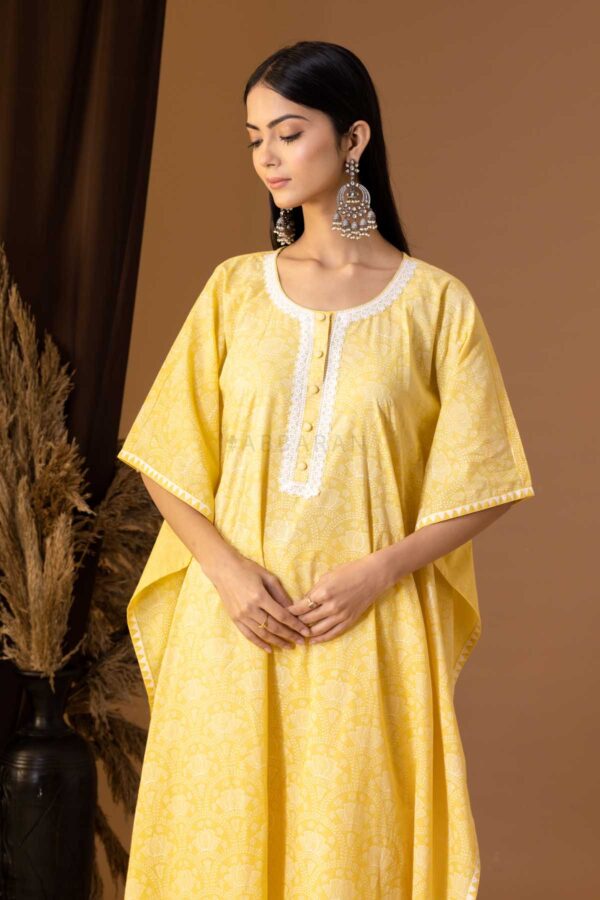 PHAGUN YELLOW KHADI PRINTED COTTON CAMBRIC KAFTAN WITH PLAZZO SET OF 2