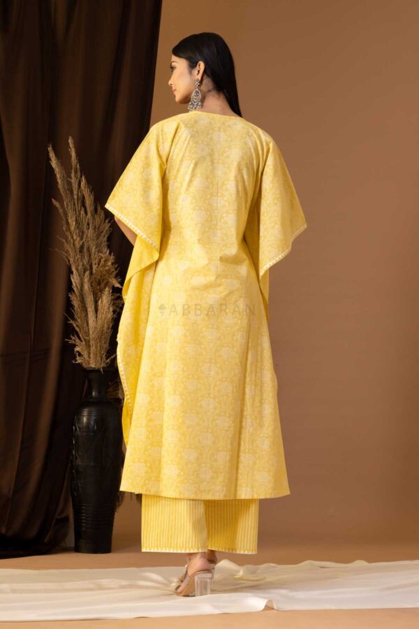 PHAGUN YELLOW KHADI PRINTED COTTON CAMBRIC KAFTAN WITH PLAZZO SET OF 2