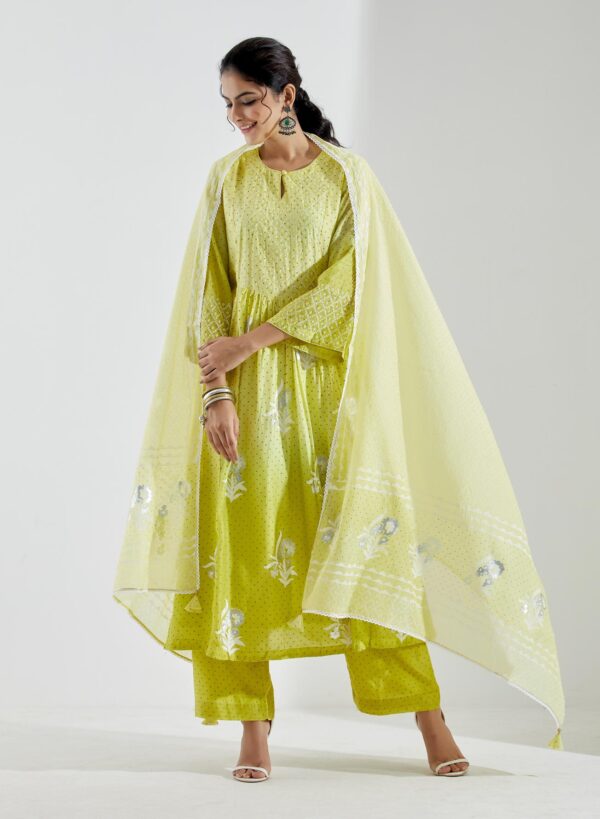 Nargis Lime Green Ombre 3Pcs Gathered Yoke Kurta Set