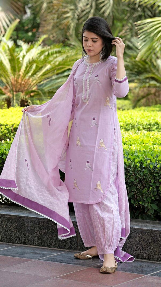 Bahar Lilac Hand Block Printed Kurta with Gotta Lace Work and Harem Pant