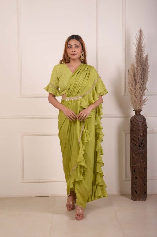 RIMJHIM MEHENDI GREEN LUCKNOWBI WORK BLOUSE AND CHIFFON READY TO WEARE SAREE SET OF 2