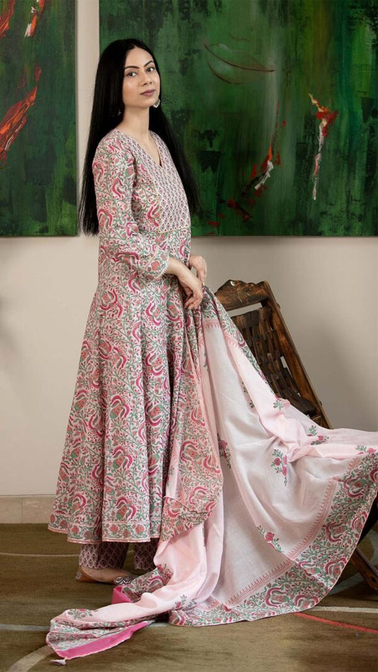 Masakali Pink Hand Block Printed Anarkali with Gotta Lace Work