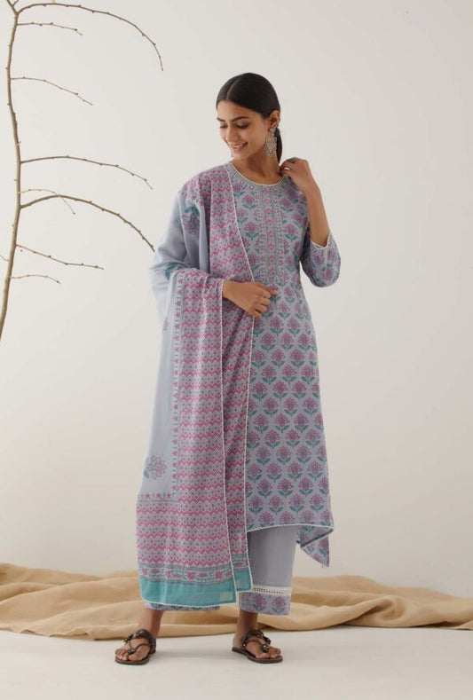 Gulal Light Powder Blue Handblock Printed Salwar Kurta with Lace Finish