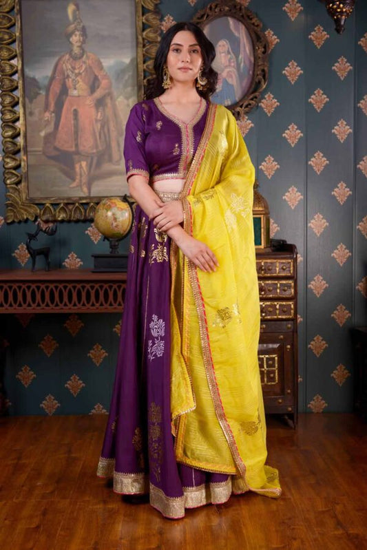 Jashan Foil Printed Cotton Silk Purple Lehenga Set