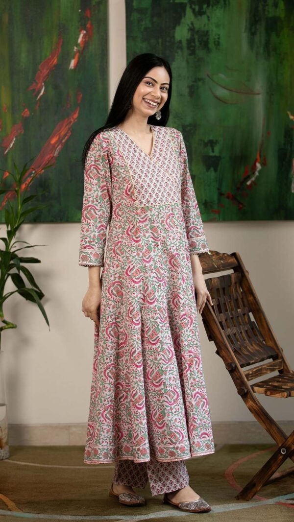 Masakali Pink Hand Block Printed Anarkali with Gotta Lace Work