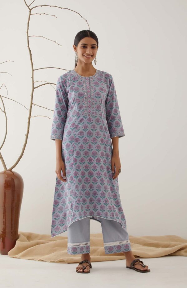 Gulal Light Powder Blue Handblock Printed Salwar Kurta with Lace Finish