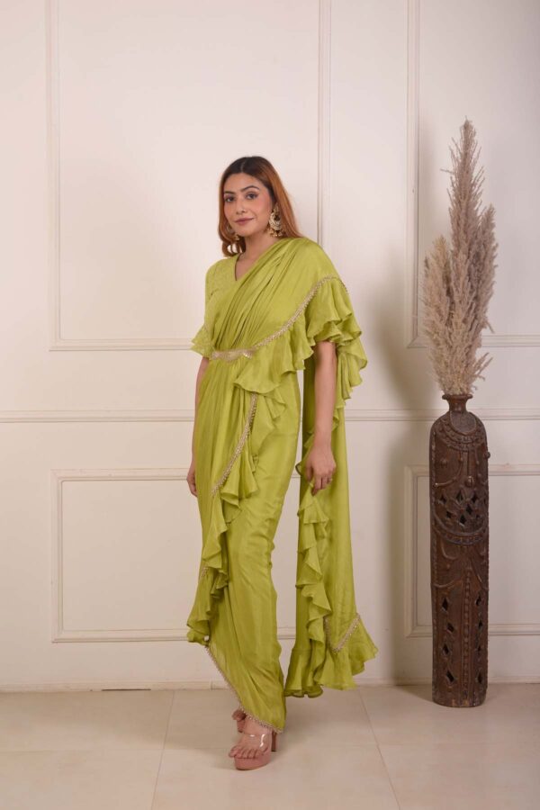 RIMJHIM MEHENDI GREEN LUCKNOWBI WORK BLOUSE AND CHIFFON READY TO WEARE SAREE SET OF 2