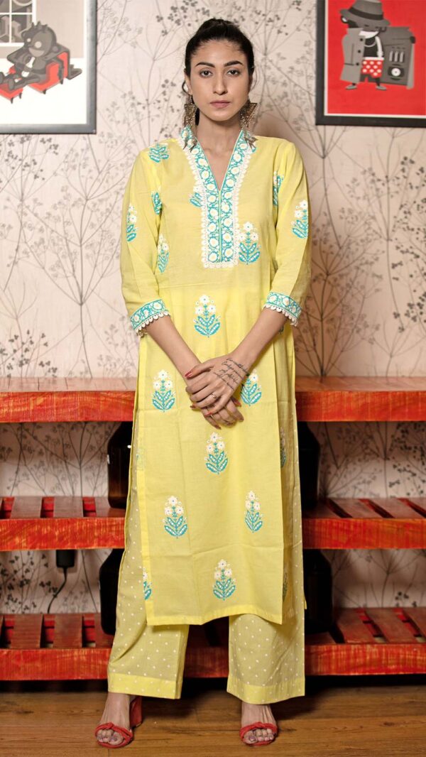 Ruh Lemon Hand Block Printed Straight Kurta with Lace Finish