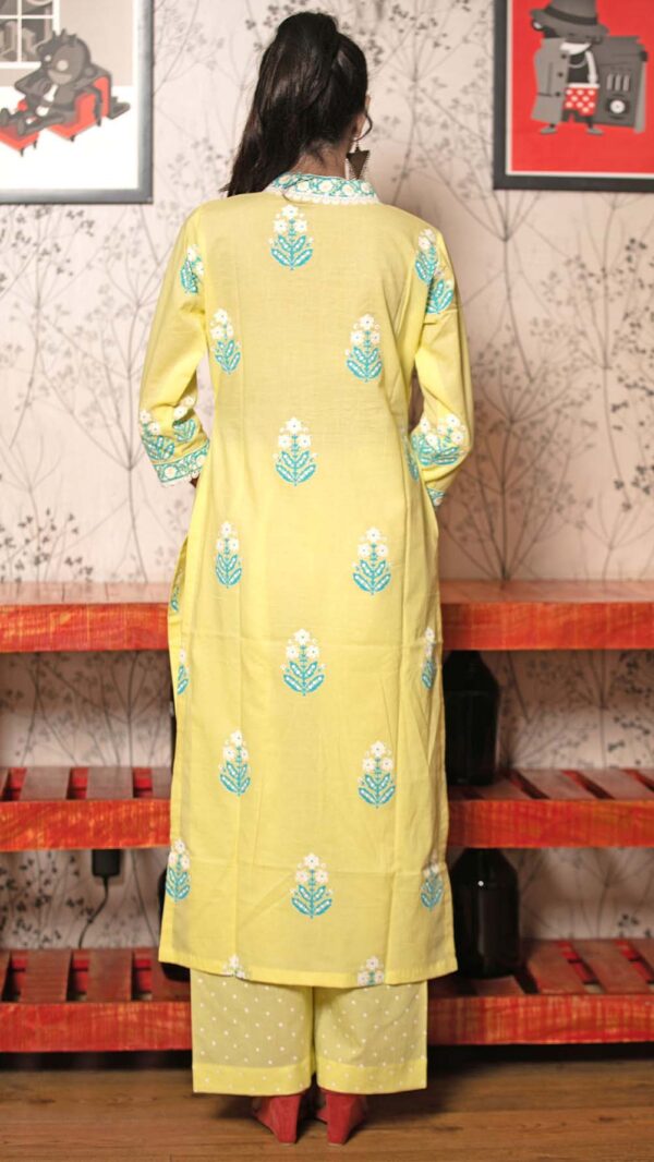 Ruh Lemon Hand Block Printed Straight Kurta with Lace Finish