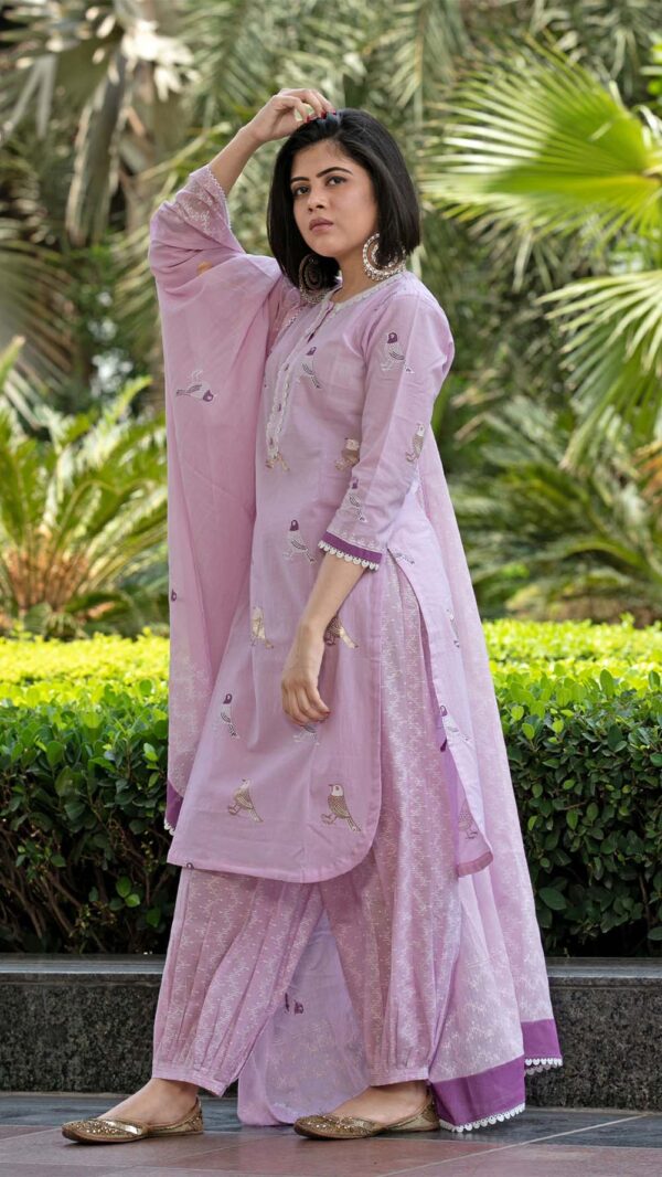 Bahar Lilac Hand Block Printed Kurta with Gotta Lace Work and Harem Pant