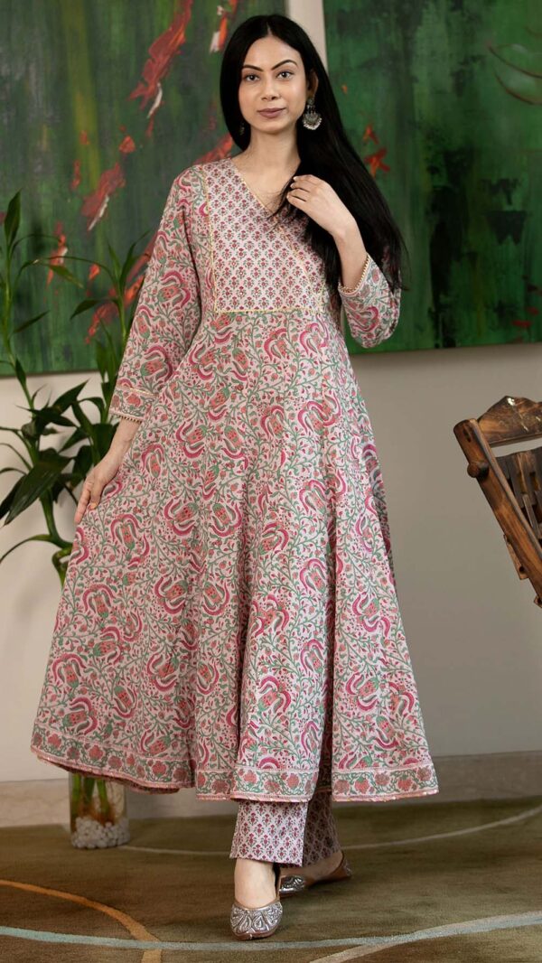 Masakali Pink Hand Block Printed Anarkali with Gotta Lace Work