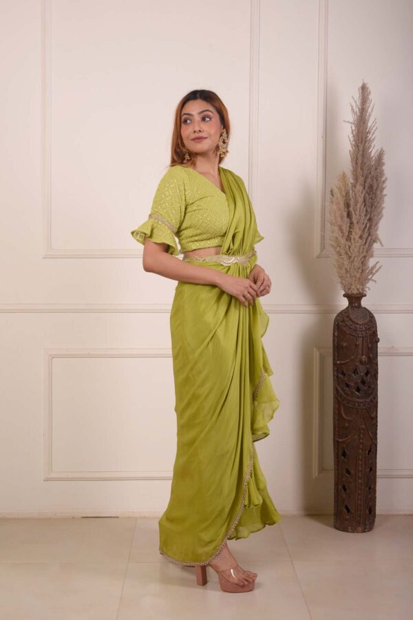 RIMJHIM MEHENDI GREEN LUCKNOWBI WORK BLOUSE AND CHIFFON READY TO WEARE SAREE SET OF 2