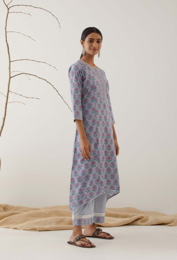 Gulal Light Powder Blue Handblock Printed Salwar Kurta with Lace Finish