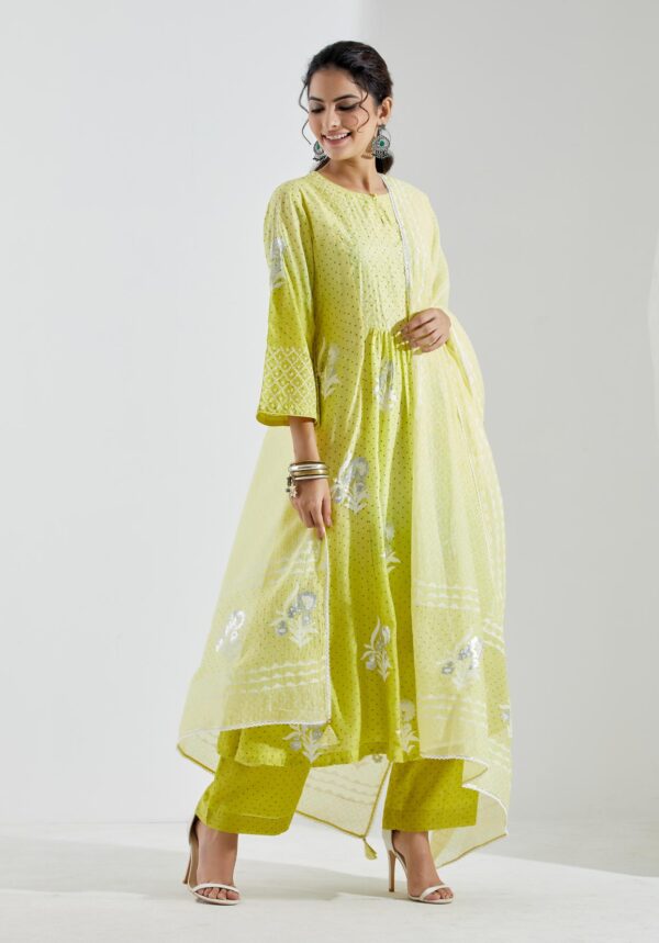 Nargis Lime Green Ombre 3Pcs Gathered Yoke Kurta Set