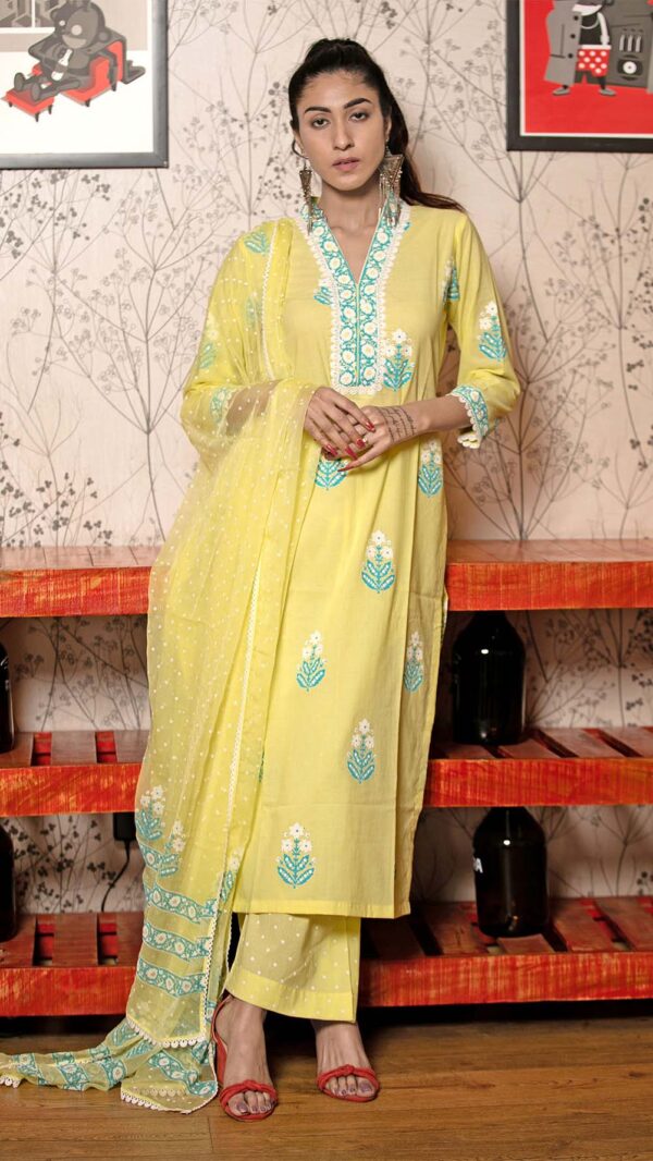 Ruh Lemon Hand Block Printed Straight Kurta with Lace Finish