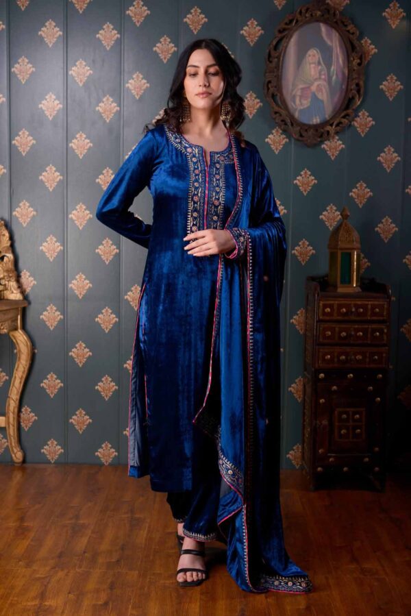 Jashan Ari Embroidery Peacock Blue Velvet Kurta Set