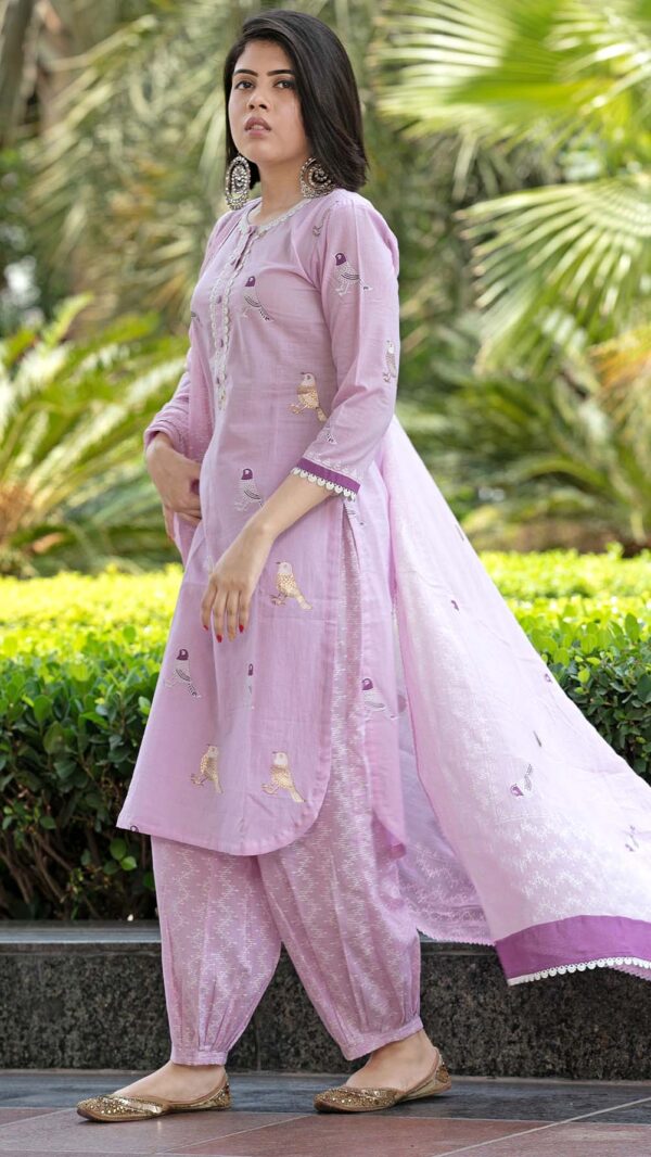 Bahar Lilac Hand Block Printed Kurta with Gotta Lace Work and Harem Pant